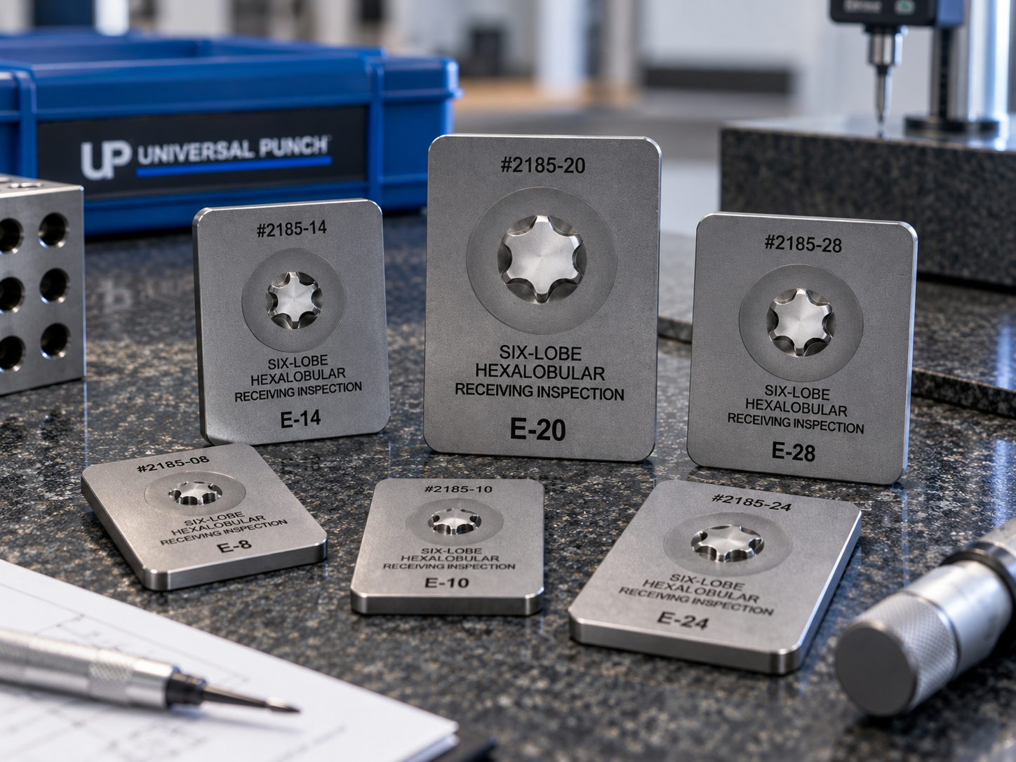 Universal Punch Series #2185 6-Lobe TX Final Acceptance Gages in inspection environment